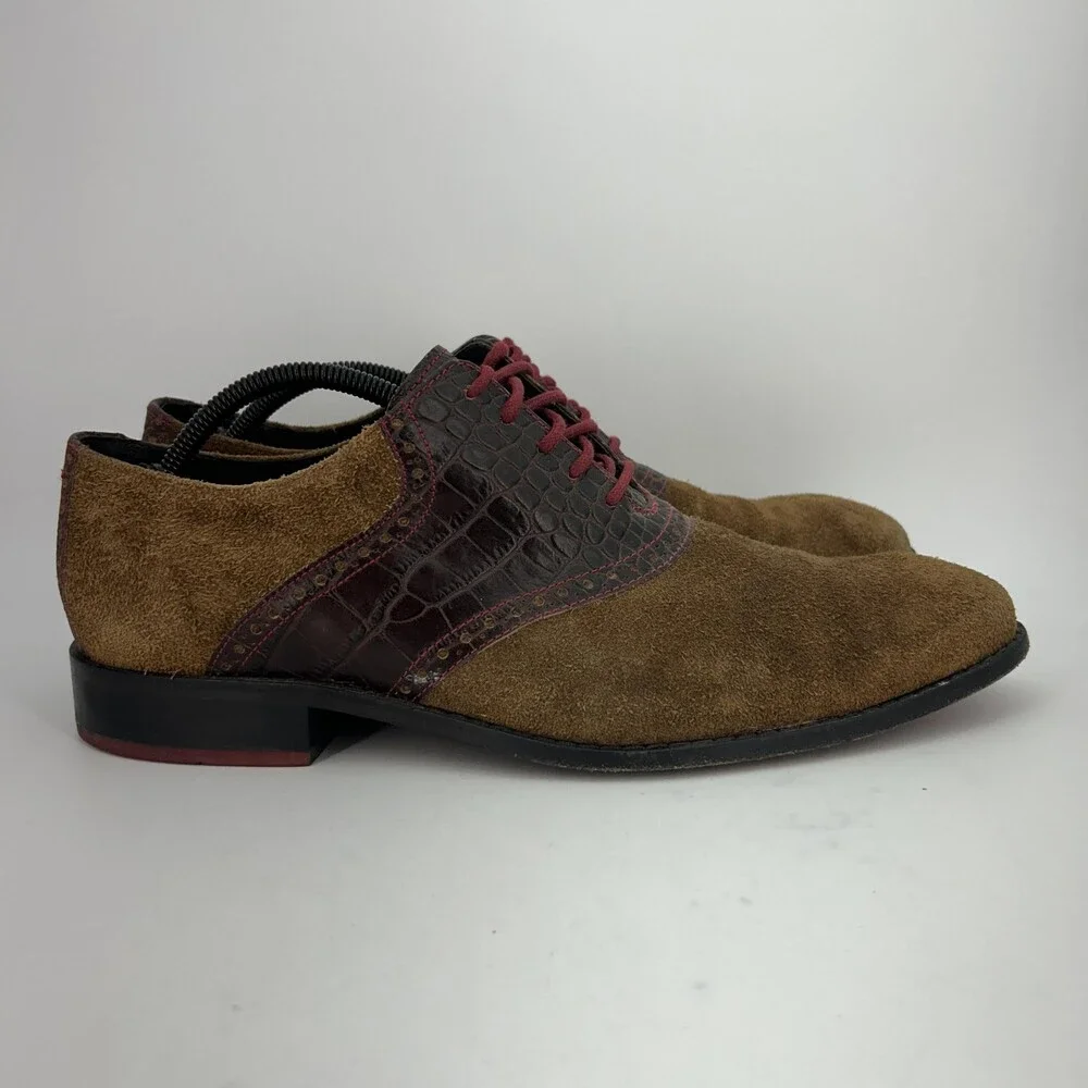 Cole Haan Shoes Mens Size 12 Brown Croc Embossed Leather Suede Oxford Studded